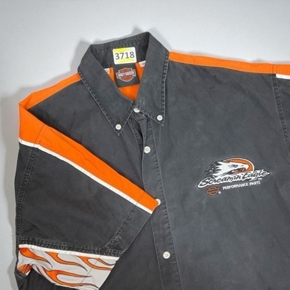 VTG Harley-Davidson Black/Orang Logo Racing Flames Short Sleeve Shirt Men M USA